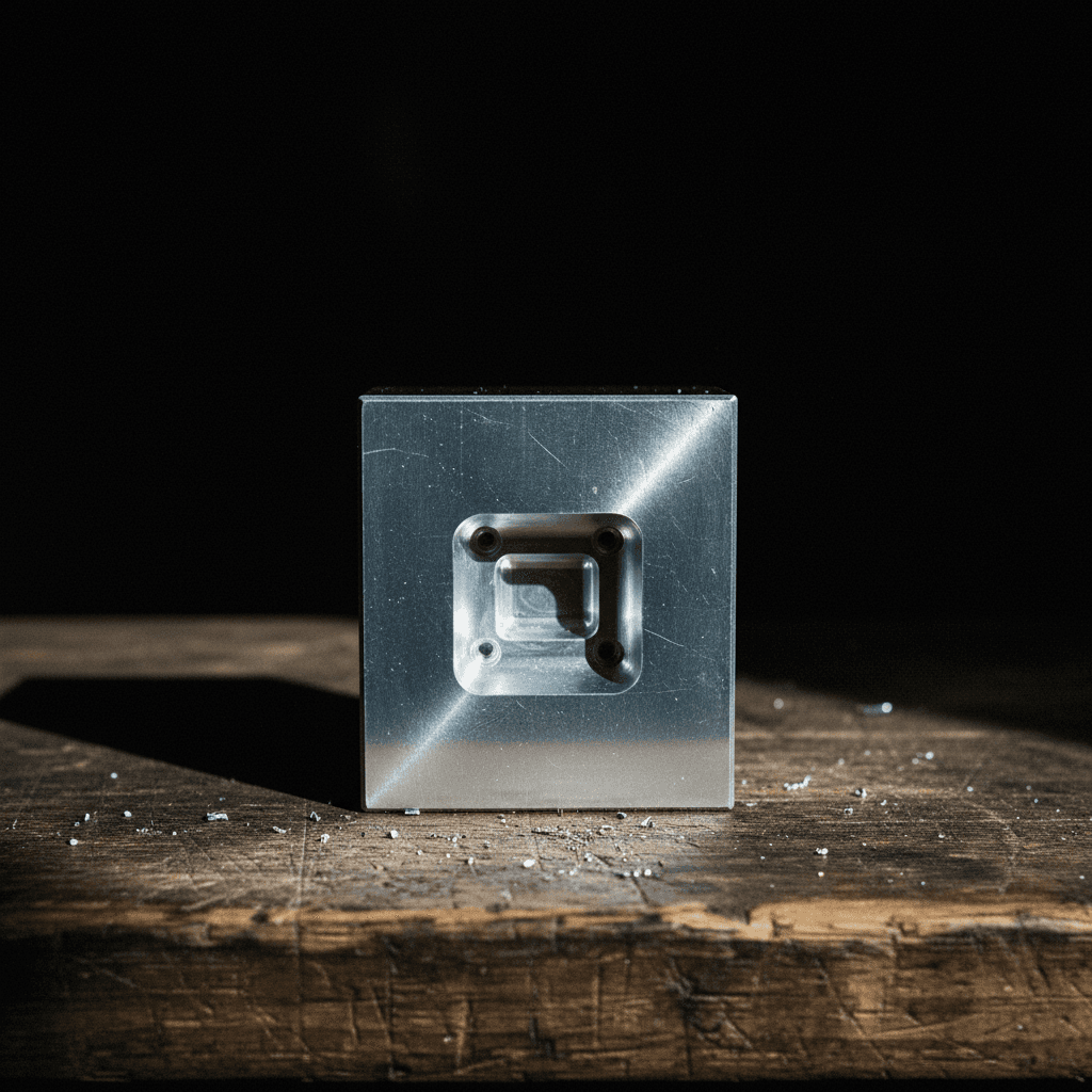 Machined aluminum mold on workbench with precise cavity geometry