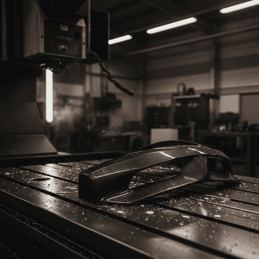 Carbon fiber part on CNC machine bed with cutting fluid