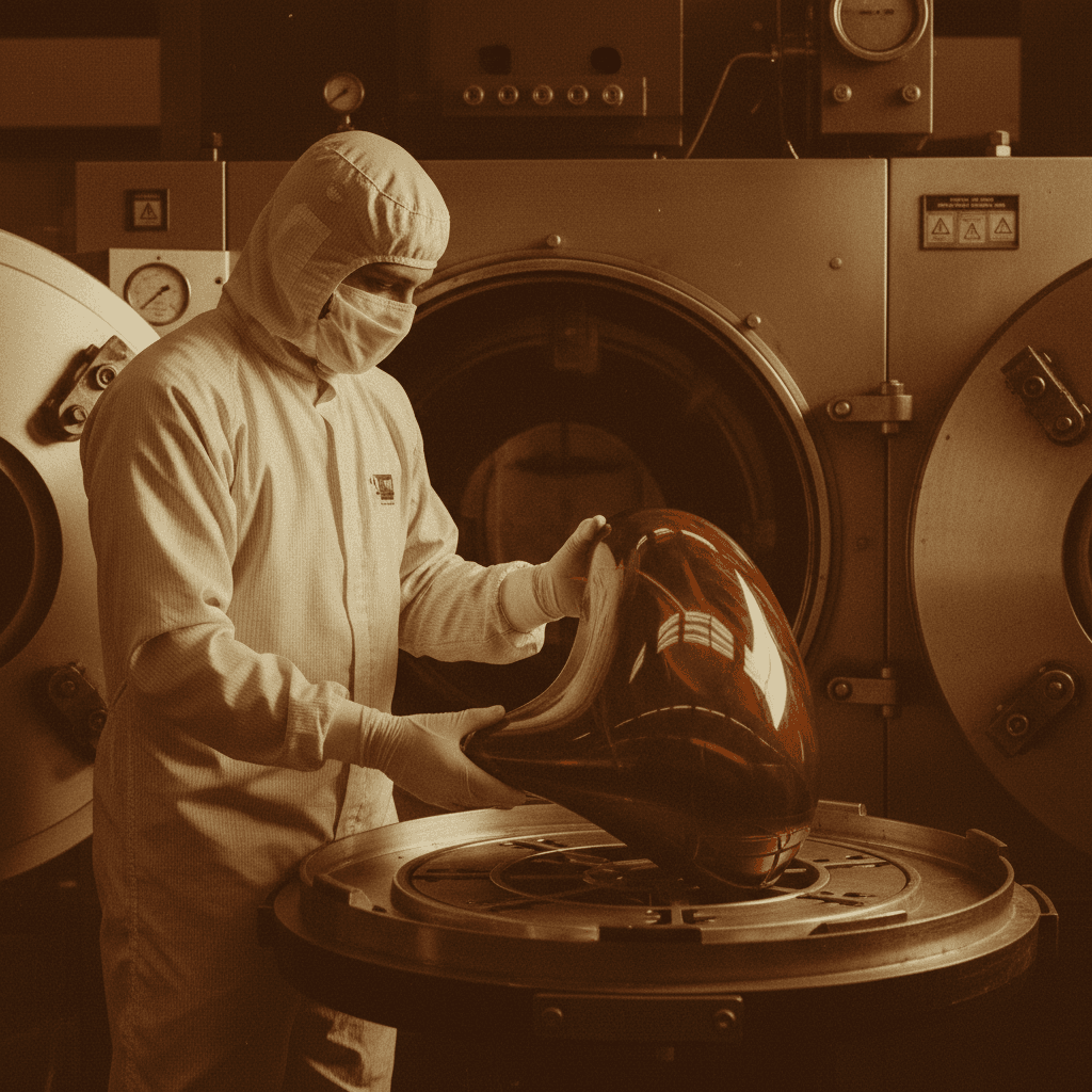 Technician removing cured composite prototype from autoclave tray