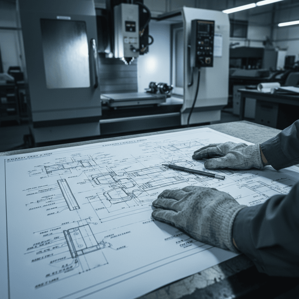 Engineer reviewing composite part blueprint on drafting table