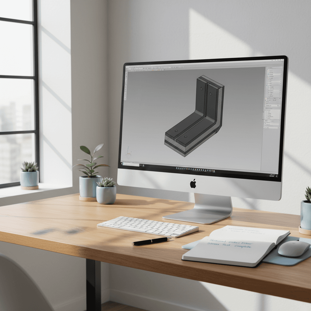 Designer's desk with 3D CAD model on monitor and revision notes