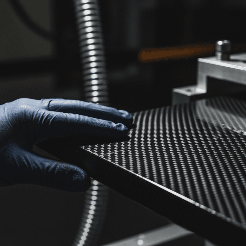 Hand inspecting carbon fiber weave texture up close