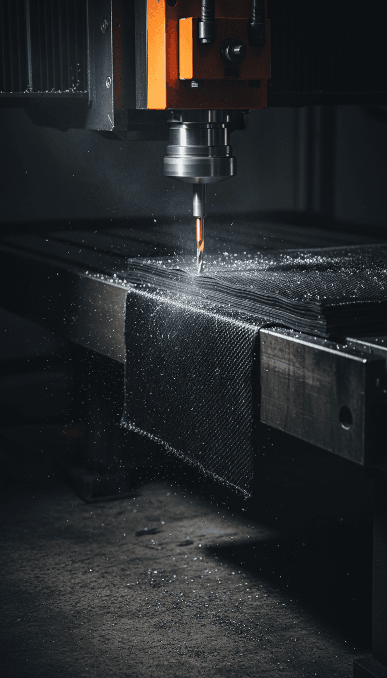 CNC machining carbon fiber ply on cutting table