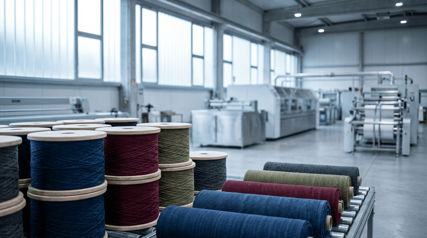 Raw carbon fiber fabric rolls in a manufacturing facility