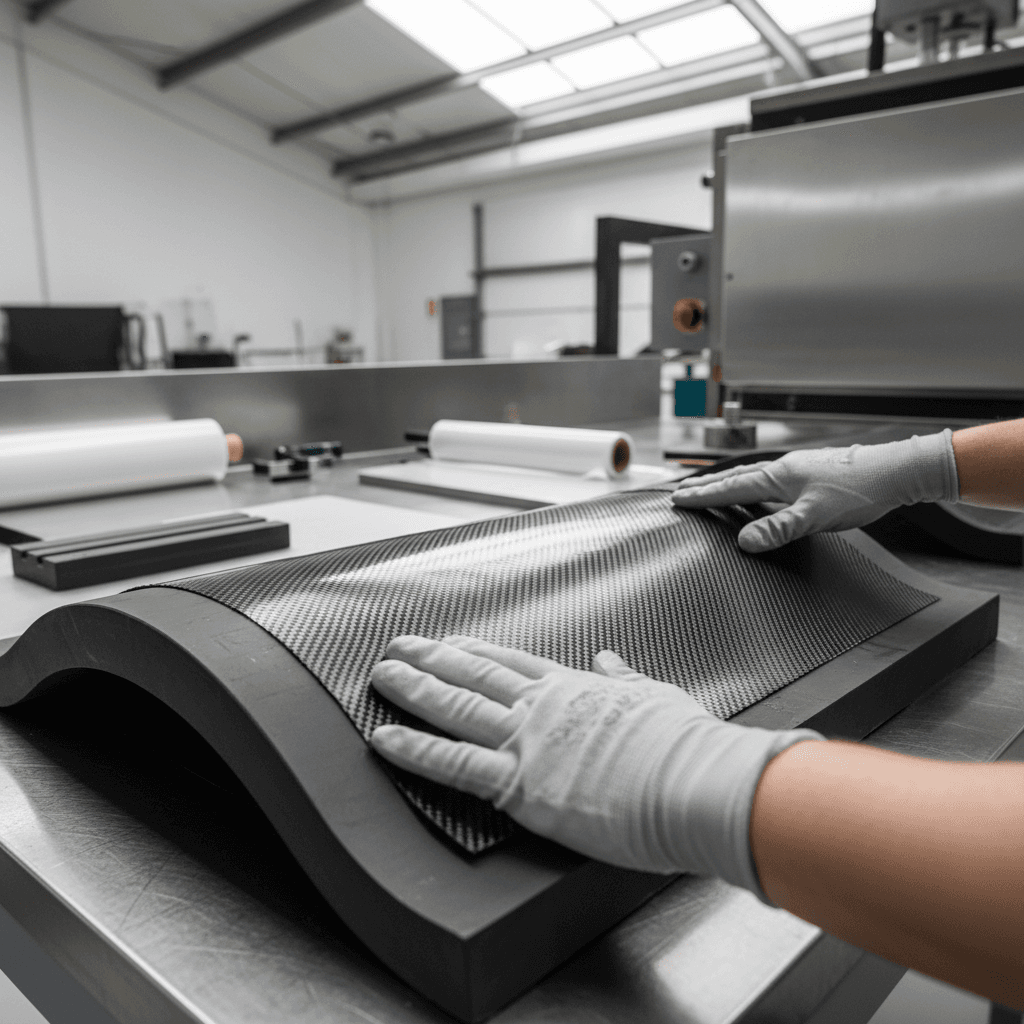 Technician laying up carbon fiber on a mold
